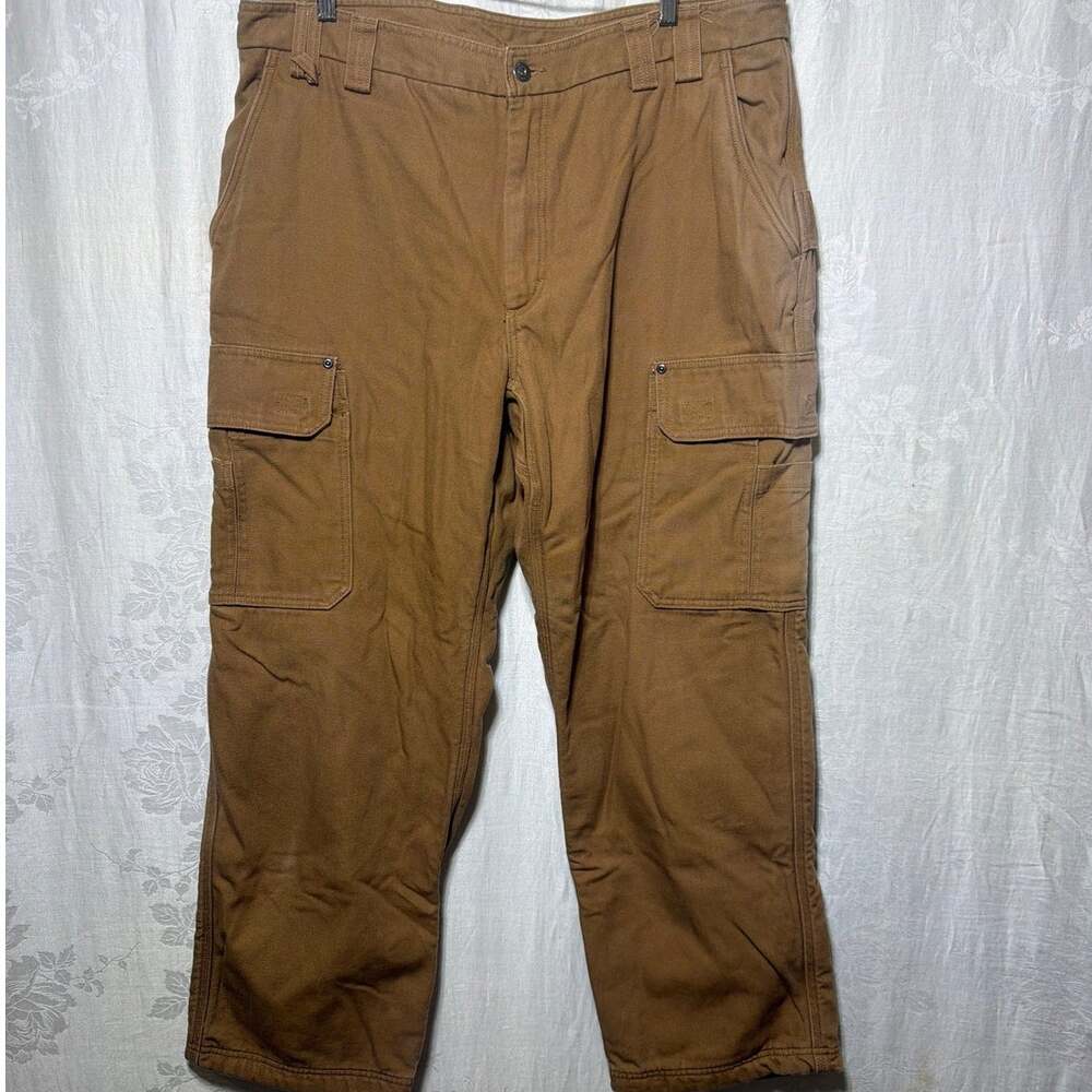 Duluth Cargo Pants 40 x 32 Tan Brown Fleece Lined Duck Canvas Workwear Utility